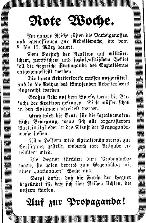 Aufruf zur Roten Woche im »Lübecker Volksboten« vom 8. März 1914.