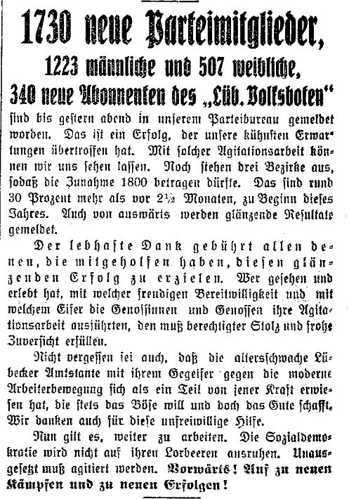Danksagung für die erfolgreiche Agitation in Lübeck im »Lübecker Volksboten« vom 17. März 1914.