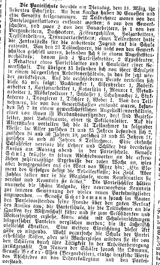 Bericht des »Lübecker Volksboten« vom 3. April 1914 über die Teilnehmerstruktur der Parteischule.