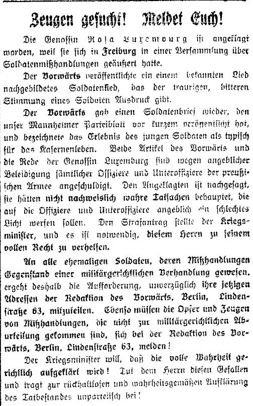 Zeugenaufruf in der »Volkswacht« (Westpreußen) vom 9. Juni 1914.