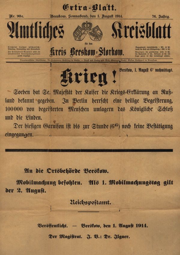Extrablatt mit der Meldung zur Kriegserklärung und dem Befehl zur Mobilmachung vom 1. August 1914. Quelle: Archiv der sozialen Demokratie der Friedrich-Ebert-Stiftung.
