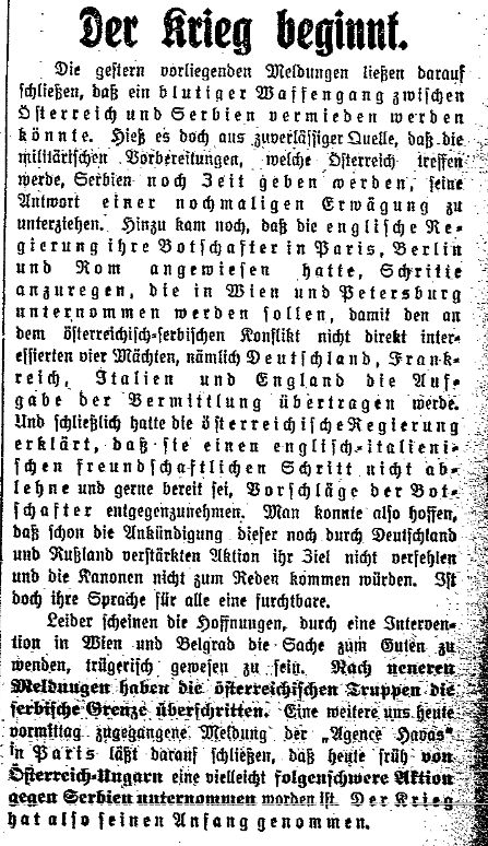 Meldung des »Lübecker Volksboten« vom 28. Juli 1914.