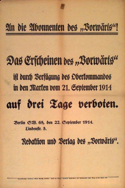 Plakat der »Vorwärts«-Redaktion vom 22. September 1914. Quelle: Archiv der sozialen Demokratie der Friedrich-Ebert-Stiftung.