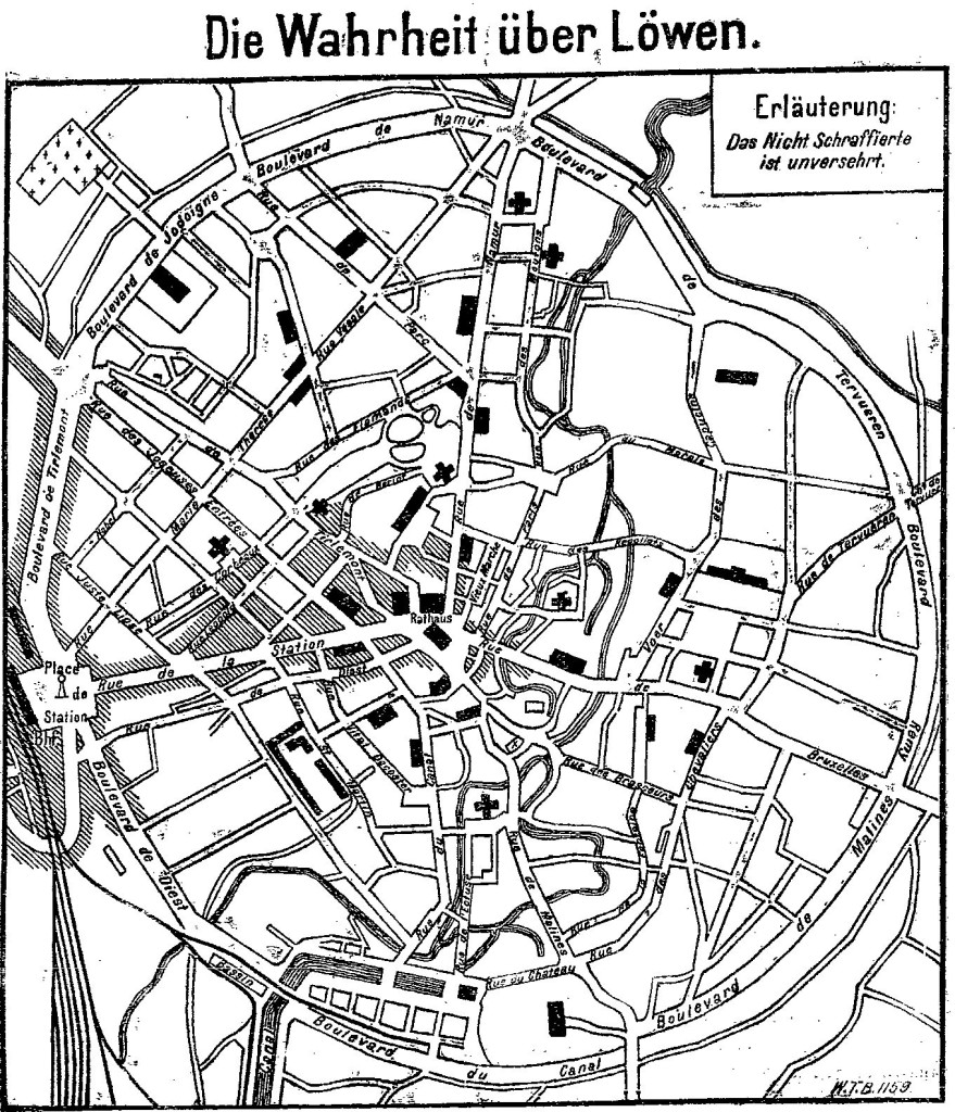 Karte der Stadt Löwen mit Angaben zur Zerstörung (schraffierter Bereich) im »Lübecker Volksboten« vom 5. Oktober 1914.
