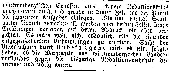 Bericht des »Lübecker Volksboten« vom 10. November 1914 zu den Parteistreitigkeiten in Stuttgart.